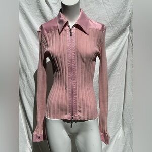Cache Long Sleeve Silk Pink Ribbed Double Zip Shirt